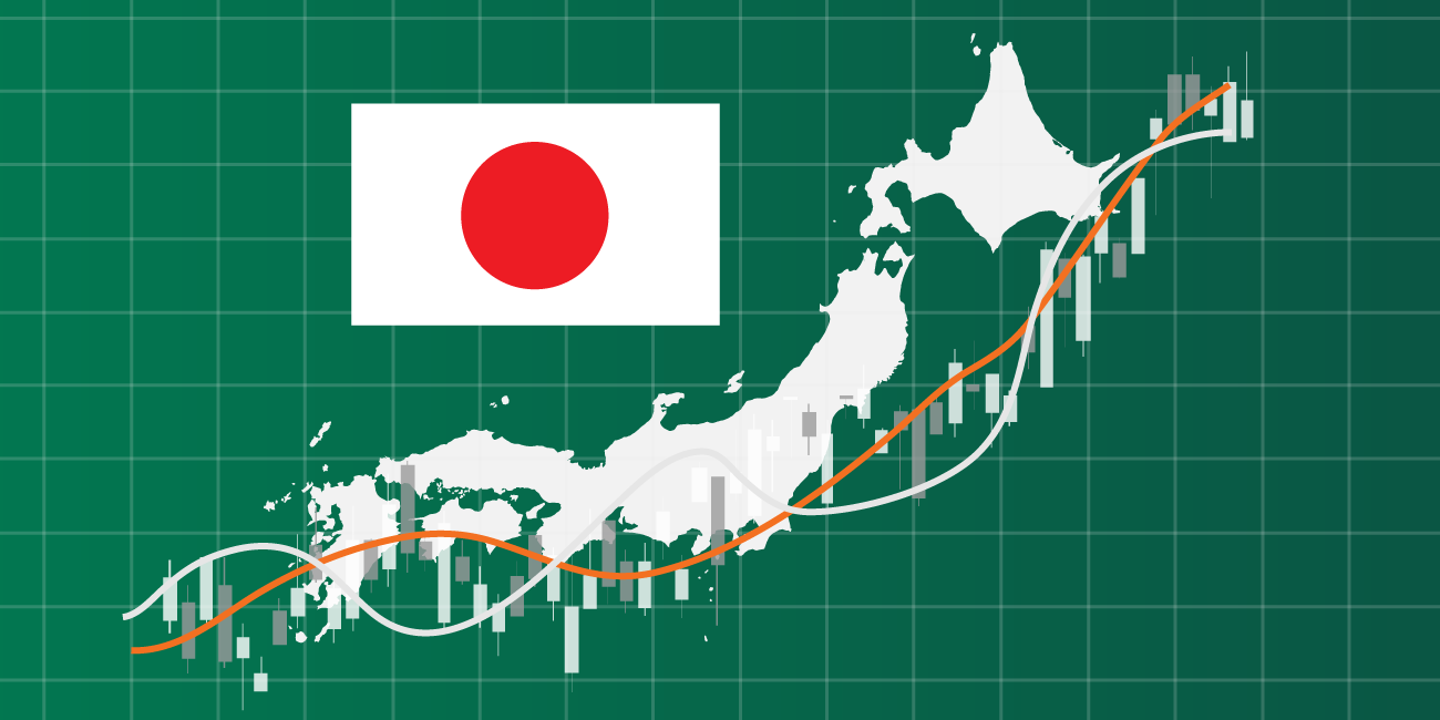 "אחרי 30 שנים של קיפאון כלכלי, יפן מתחילה להציג סימני התאוששות". מפת יפן עם גרף מניות
